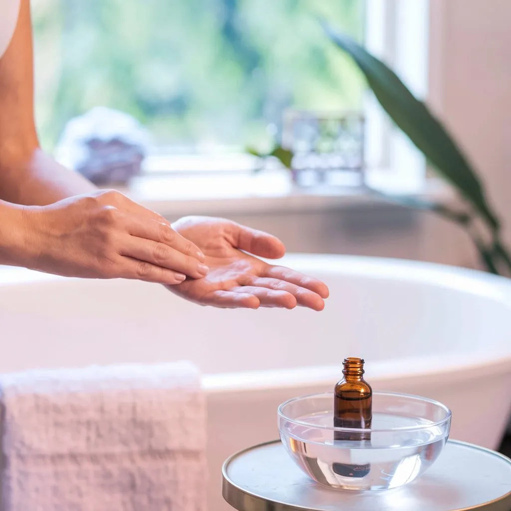 a person holding a bottle of lotion in front of a bathtub