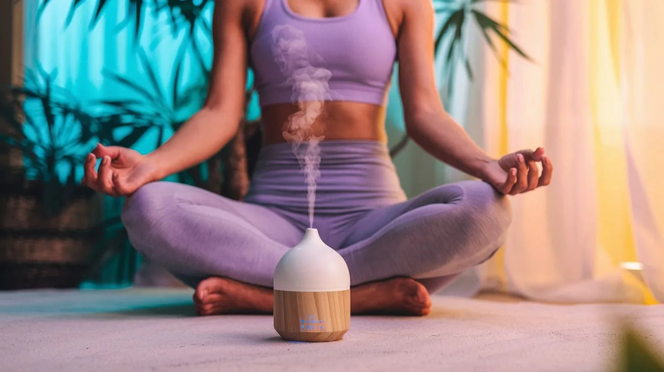 a woman sitting in a yoga pose with a humidifier in her hand